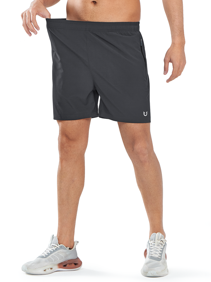 Men's Dark Gray 5 inch Workout Gym Stretch Shorts Lightweight with Zipper Pocket Front