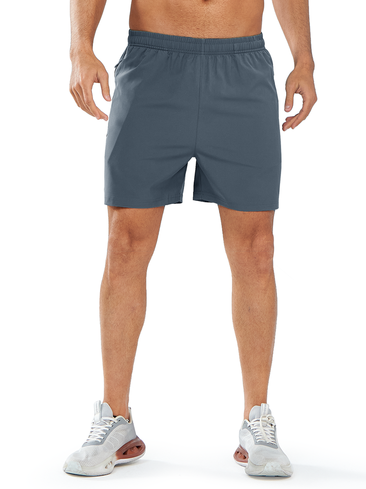 Men's Cool Gray 5 inch Workout Gym Stretch Shorts Lightweight with Zipper Pocket Front