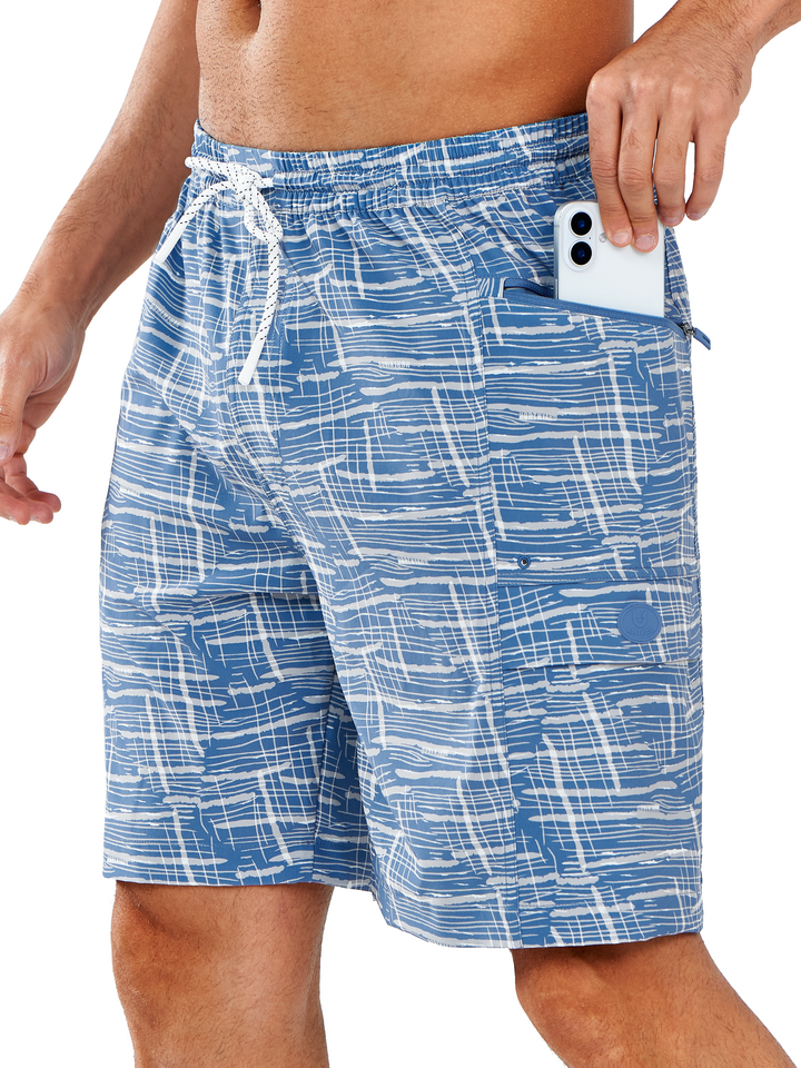 NORTHYARD Men's 9" Blue White Lines Long Swim Trunks Quick Dry Board Shorts with Pocket for Beach