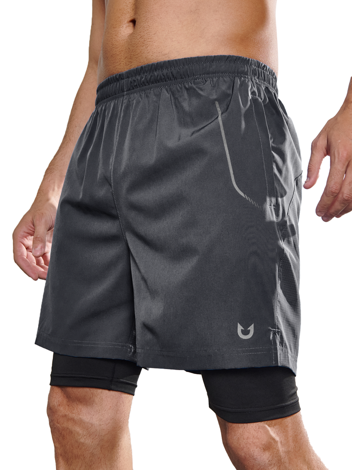 Northyard Men's Dark Grey 2-in-1 Running Shorts 7 inch with Phone Pocket for Outdoor Sport