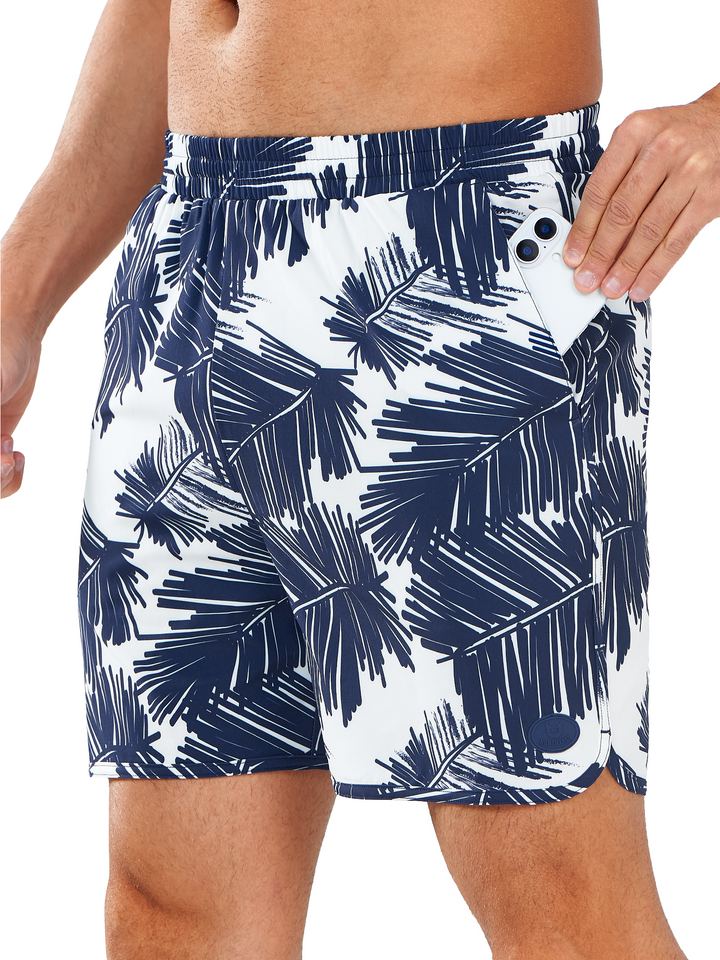 NORTHYARD Men's Navy Palm Tree Swim Trunks 5" Shorts with Mesh Liner Packable for Surfing Beach