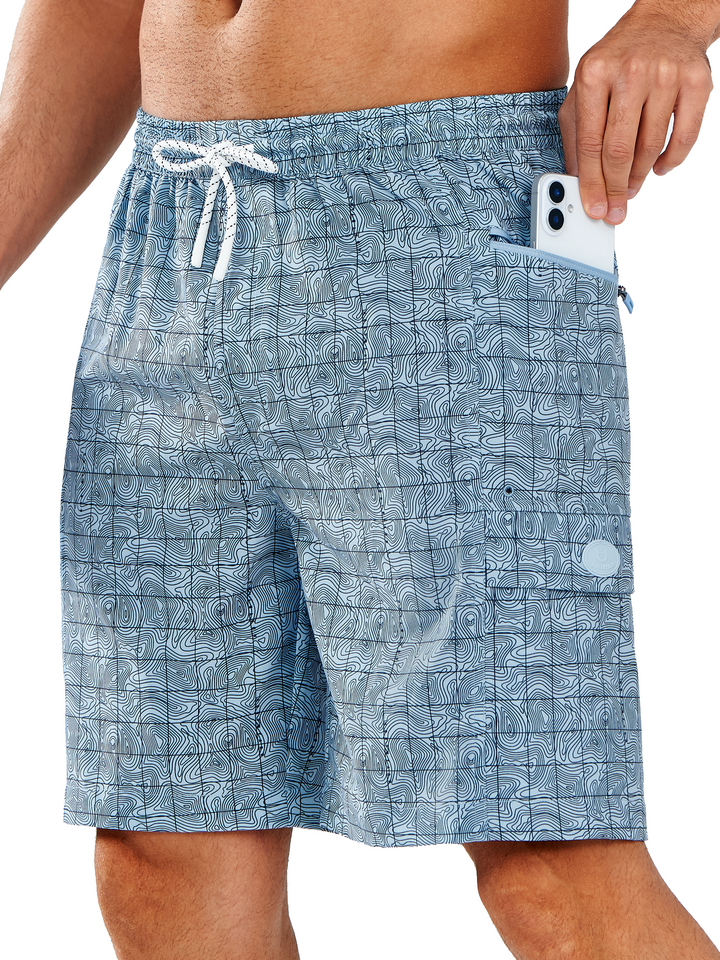 NORTHYARD Men's 9" Blue Contour Lines Long Swim Trunks Quick Dry Board Shorts with Pocket for Beach