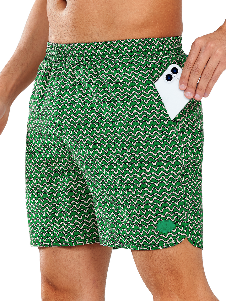 NORTHYARD Men's Green Wave Stripe Swim Trunks 5" Shorts with Mesh Liner Packable for Surfing Beach