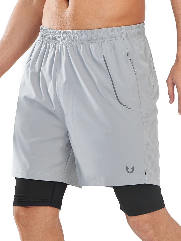 Northyard Men's Light Grey 2-in-1 Running Shorts 7 inch with Phone Pocket for Outdoor Sport