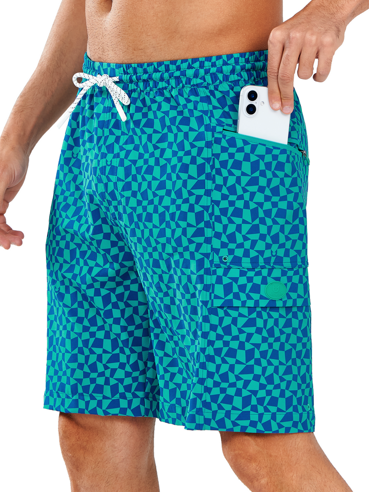 NORTHYARD Men's 9" Green Blue Blocks Long Swim Trunks Quick Dry Board Shorts with Pocket for Beach