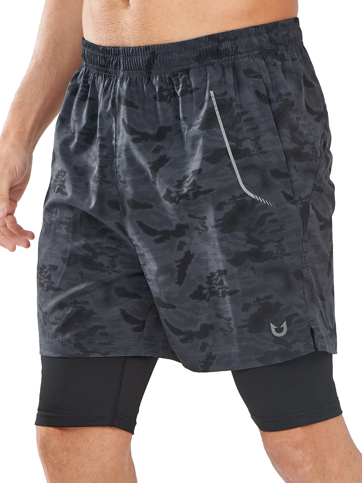 Northyard Men's Camo Black 2-in-1 Running Shorts 7 inch with Phone Pocket for Outdoor Sport