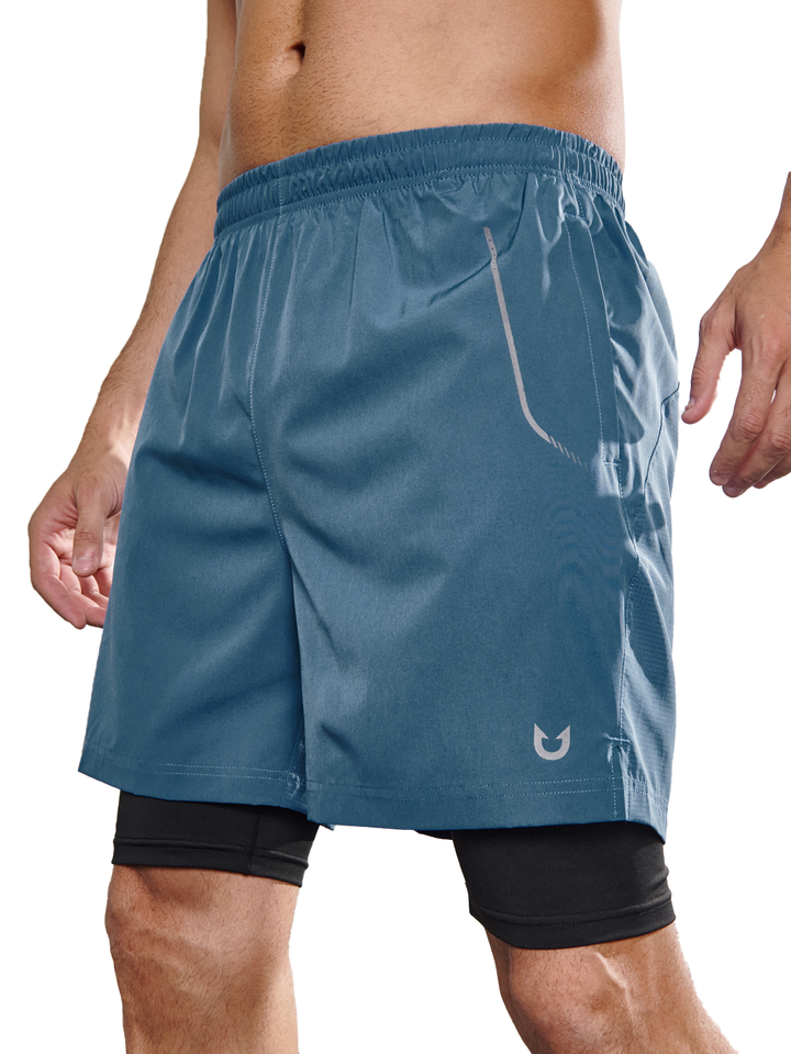 Northyard Men's Grey Blue 2-in-1 Running Shorts 7 inch with Phone Pocket for Outdoor Sport