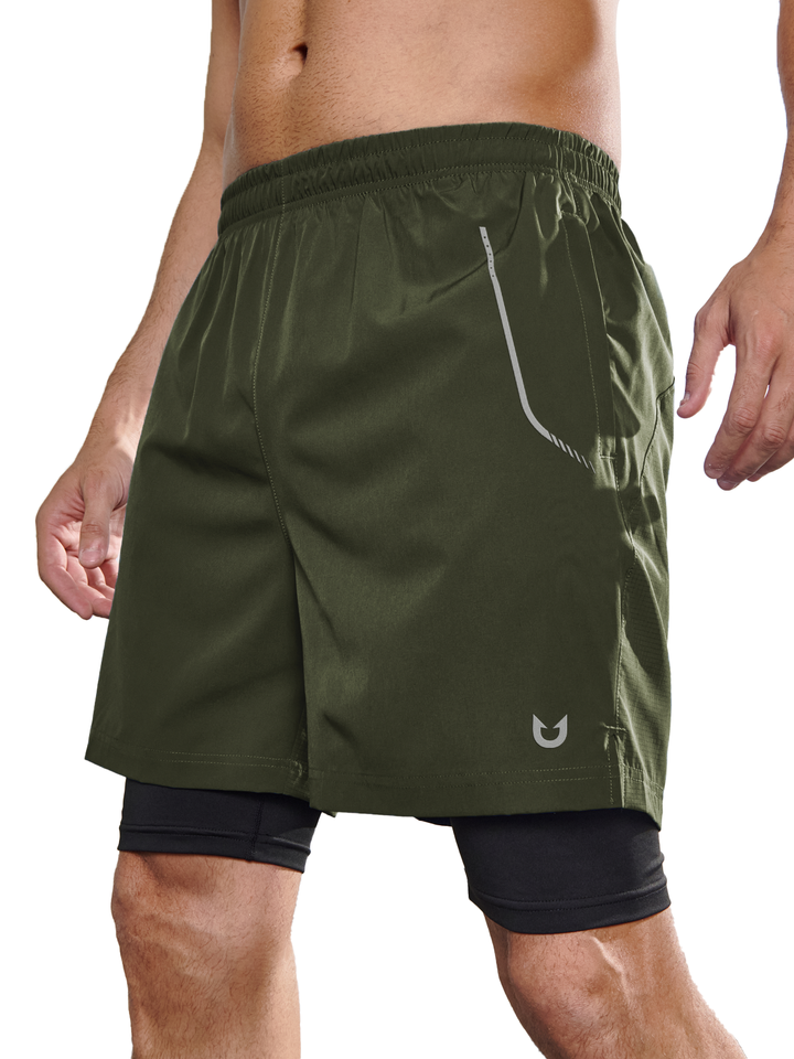 Northyard Men's Army Green 2-in-1 Running Shorts 7 inch with Phone Pocket for Outdoor Sport