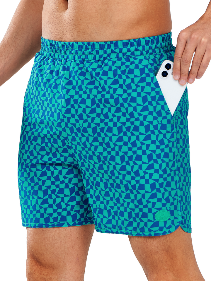 NORTHYARD Men's Green Blue Blocks Swim Trunks 5" Shorts with Mesh Liner Packable for Surfing Beach