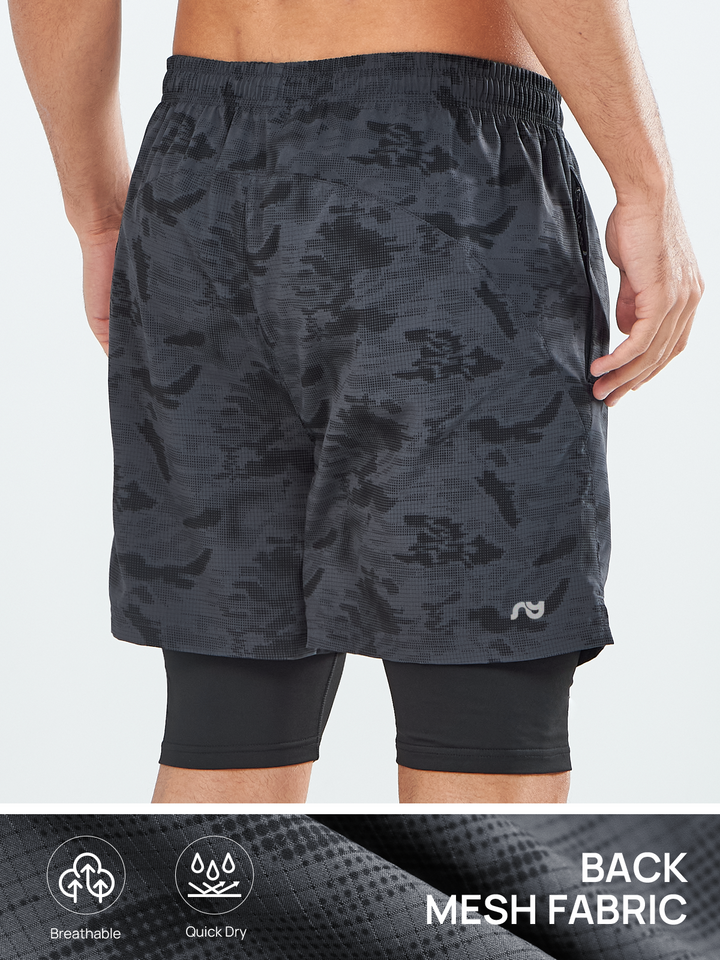 Northyard Men's Camo Black 2-in-1 Running Shorts 7 inch with Phone Pocket for Outdoor Sport Back