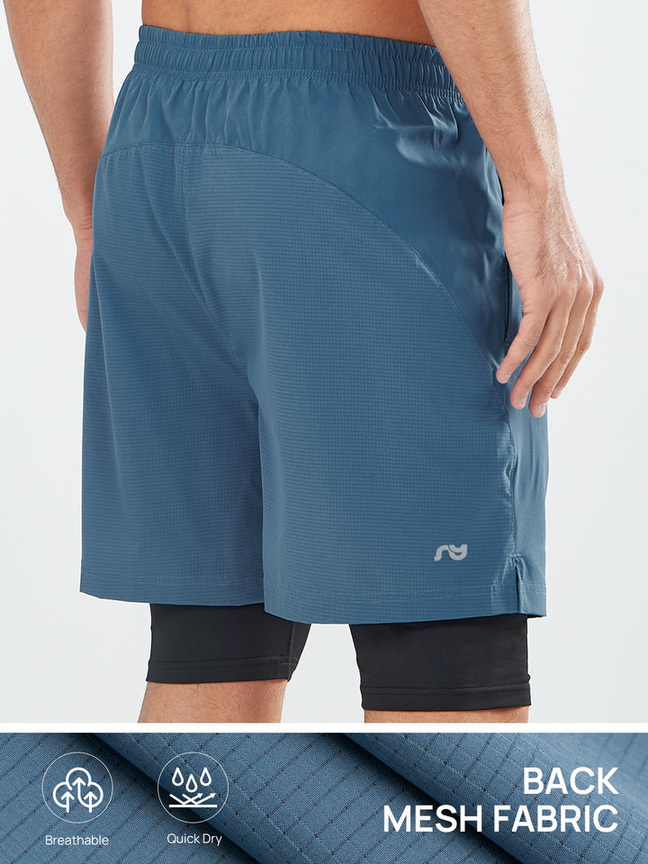 Northyard Men's Grey Blue 2-in-1 Running Shorts 7 inch with Phone Pocket for Outdoor Sport Back