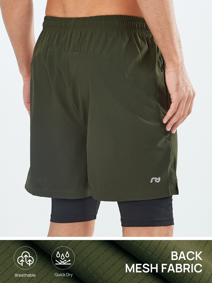 Northyard Men's Army Green 2-in-1 Running Shorts 7 inch with Phone Pocket for Outdoor Sport Back