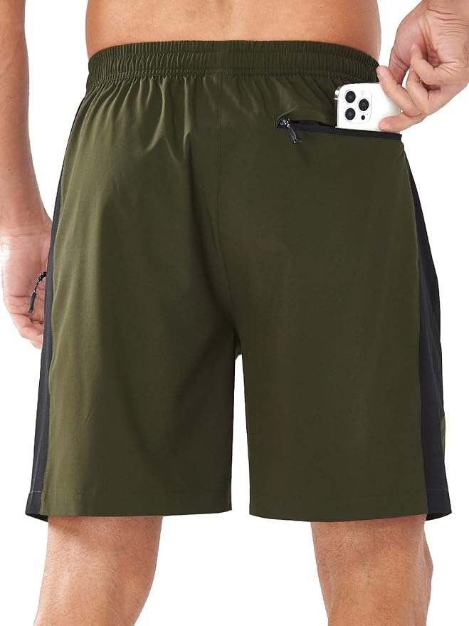 Men's Army Green Athletic 7" Shorts With Zipper Pockets Back