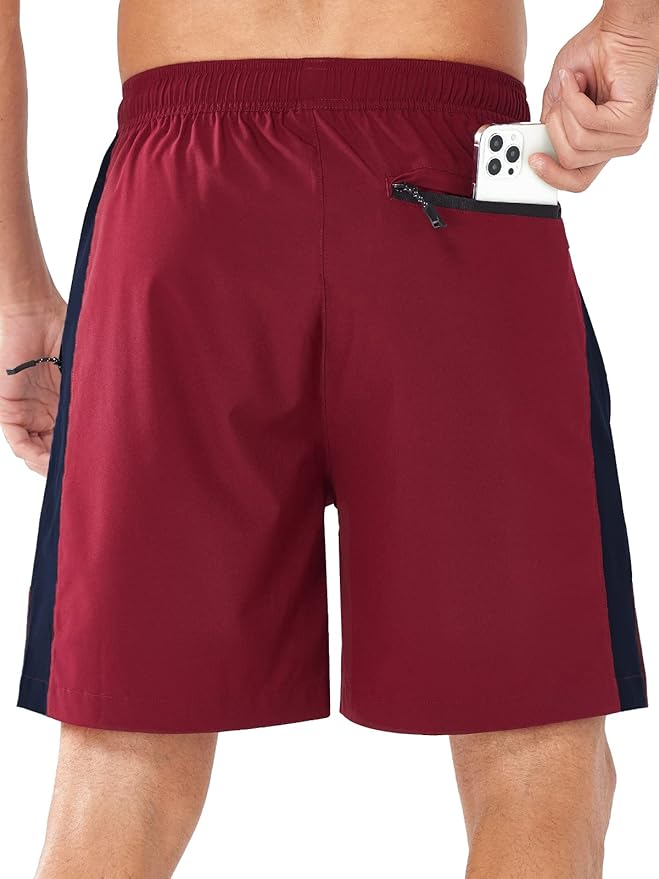 Men's Wine Athletic 7" Shorts With Zipper Pockets Back