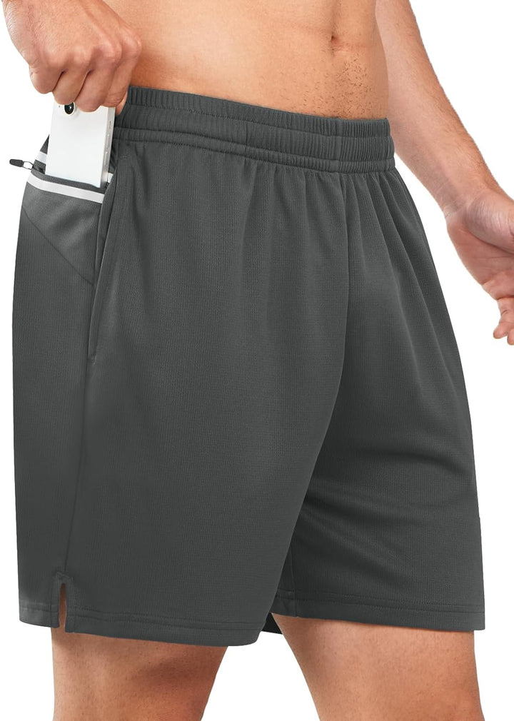 Men's Cool Grey 5-inch Tennis Mesh Shorts with Pockets Quick Dry for Gym Running Side