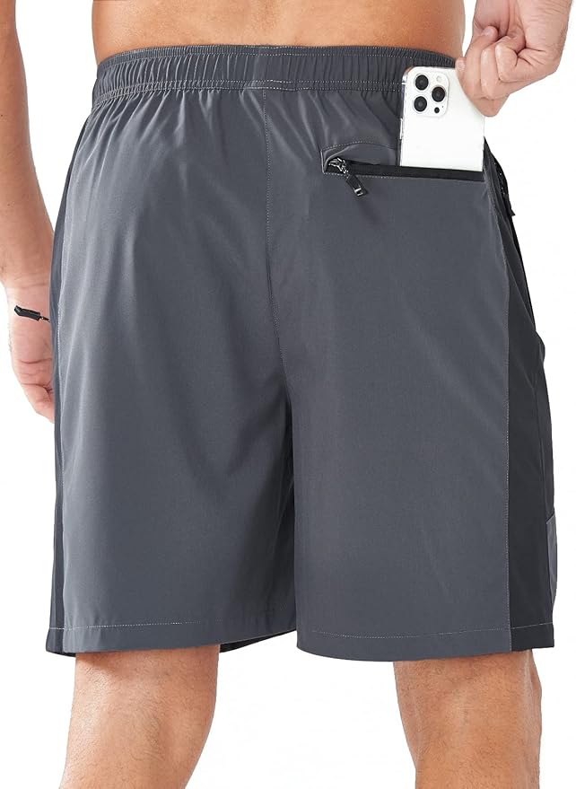 Men's Smoke Grey Athletic 7" Shorts With Zipper Pockets Back