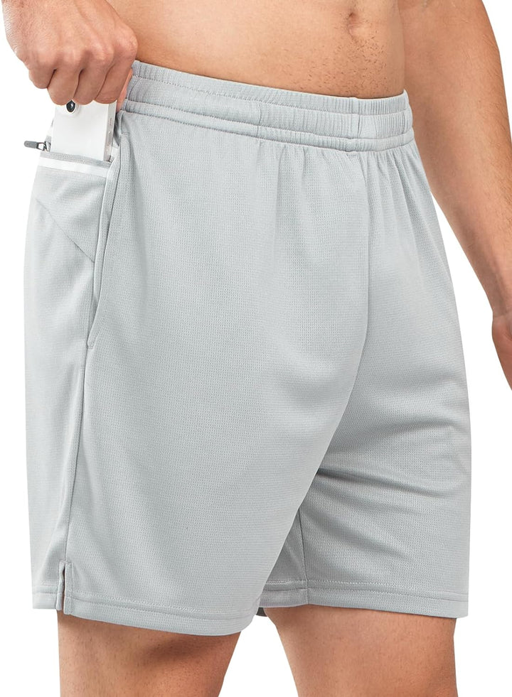 Men's Light Grey 5-inch Tennis Mesh Shorts with Pockets Quick Dry for Gym Running Side