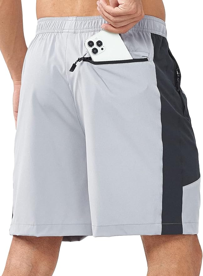 Men's Light Grey Athletic 7" Shorts With Zipper Pockets Back