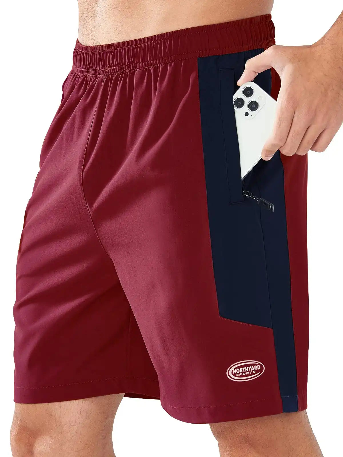 Men's 7" Athletic Shorts Zip Pockets Wine