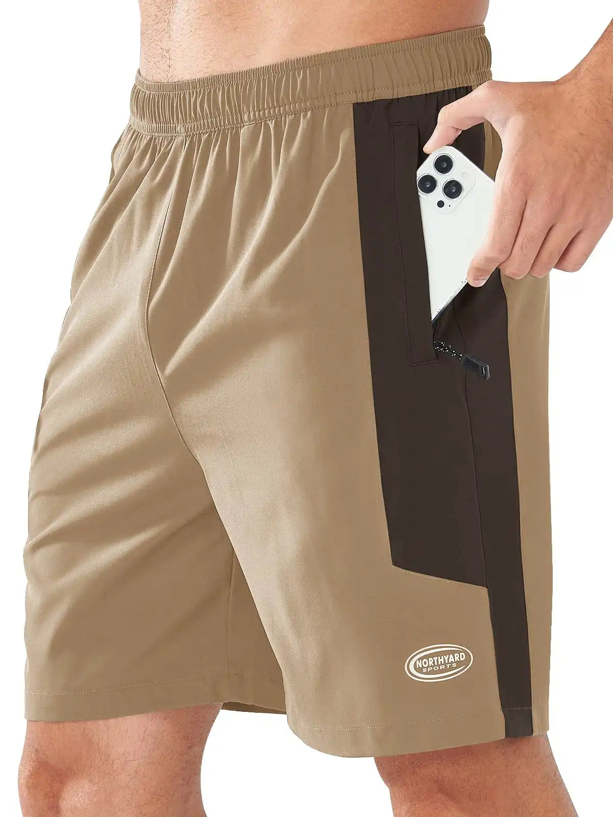 Men's 7" Athletic Shorts Zip Pockets Khaki