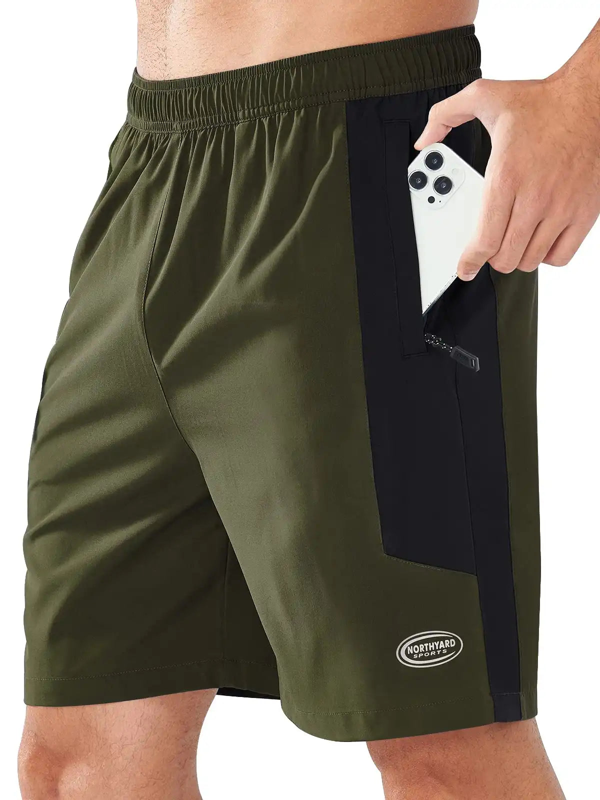 Men's 7" Athletic Shorts Zip Pockets Army Green